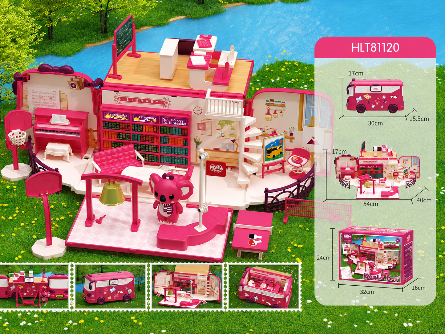 Kids school bus dollhouse toy set with classroom pretend play scene and learning accessories
