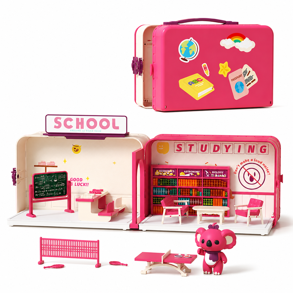 Kids suitcase dollhouse toy set with 4 scene options villa supermarket school and clinic