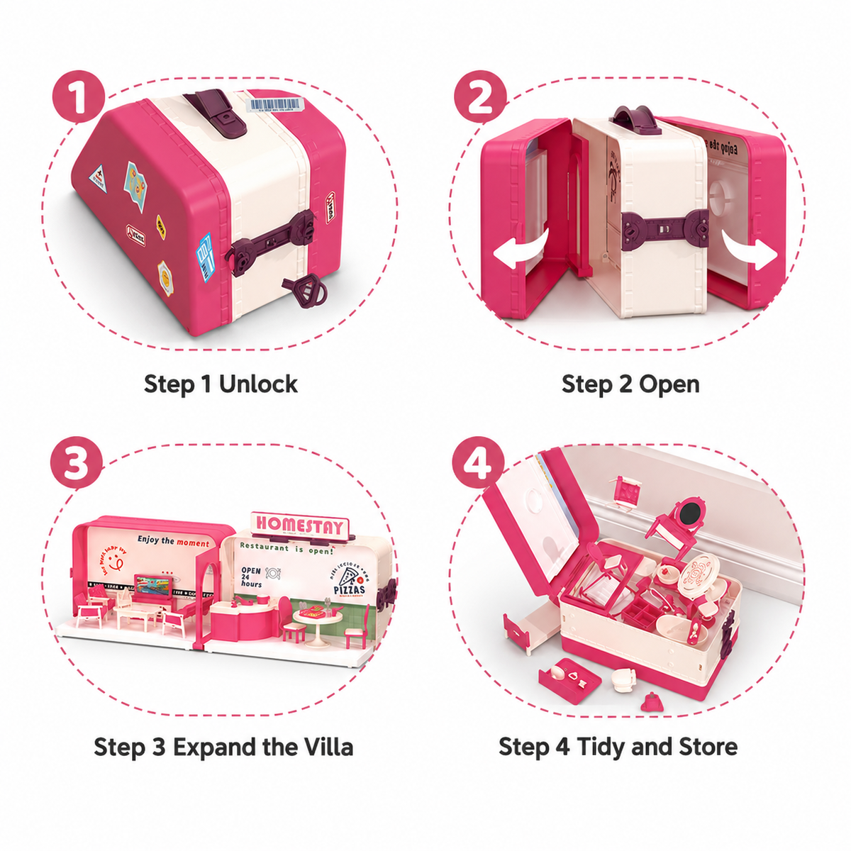 Kids suitcase dollhouse toy set with 4 scene options villa supermarket school and clinic