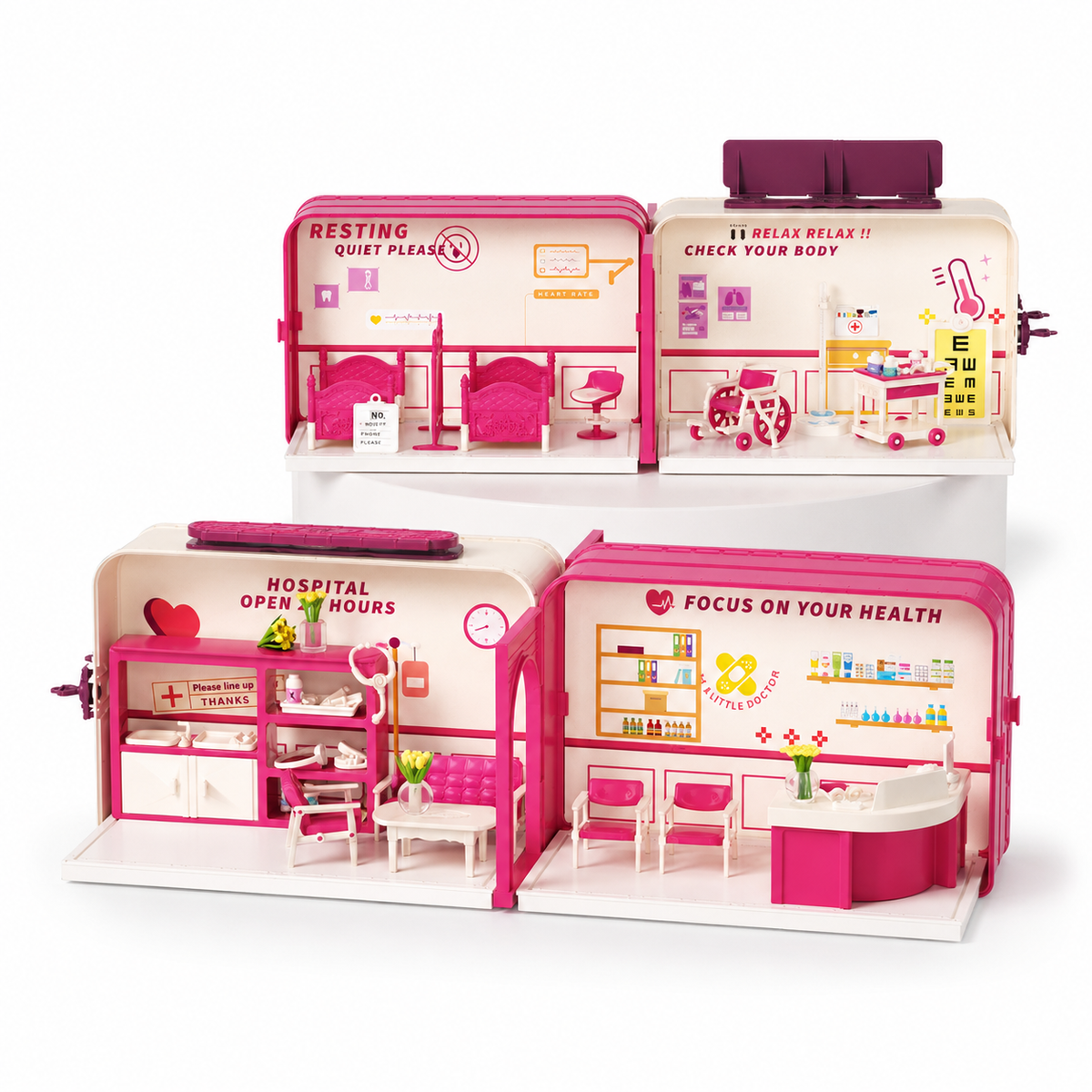 Kids suitcase dollhouse toy set with 4 scene options villa supermarket school and clinic
