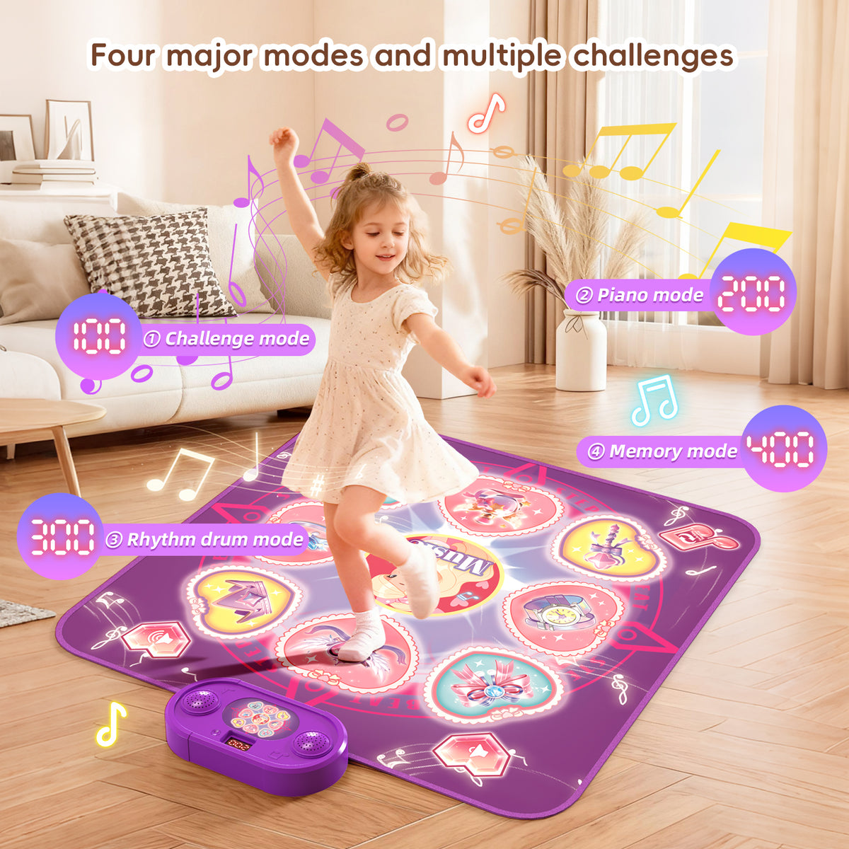 Girl dancing on a purple princess light up dance mat toy in challenge, piano, rhythm drum and memory game modes