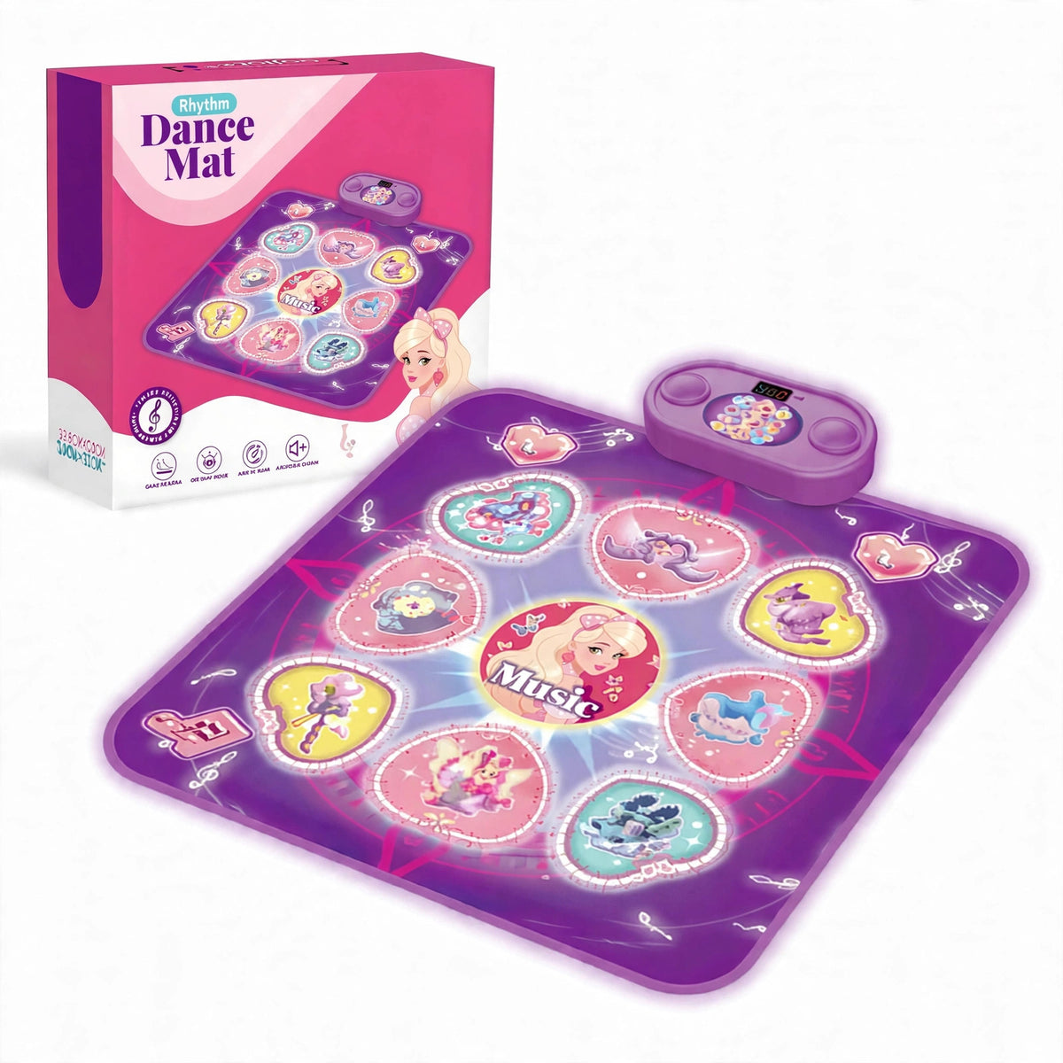 Purple princess light up dance mat toy HLT-0013 with its retail box on a white background, glowing heart step pads and control unit