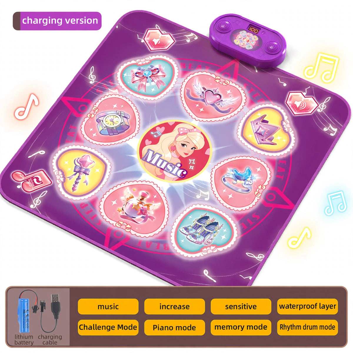 Light up dance mat toy HLT-0013 in purple with eight glowing princess heart step pads, control unit and feature list on a white background