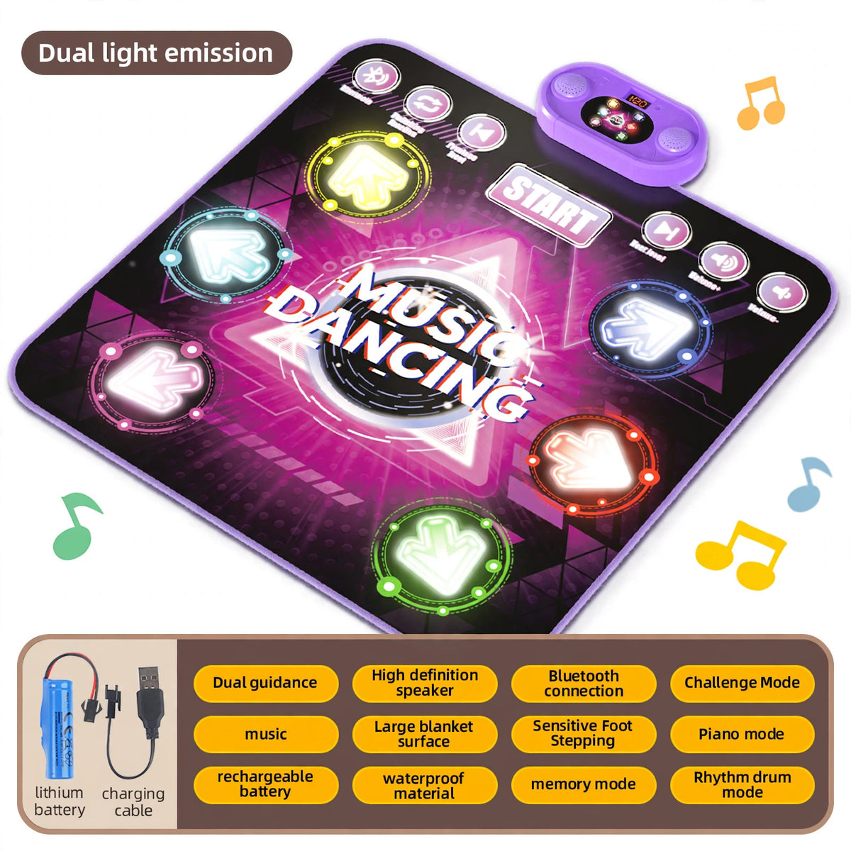 Light up dance mat toy HLT-0015 in black and purple with six glowing arrow step pads, control unit and feature list on a white background
