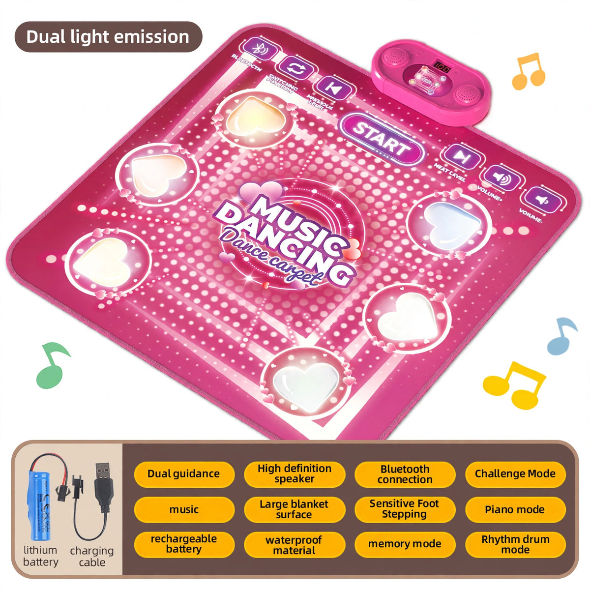 Light up dance mat toy HLT-0017 in pink with six glowing heart step pads, control unit and feature list on a white background