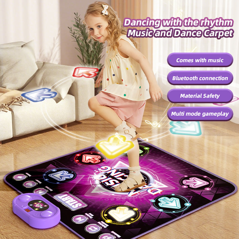 Girl dancing on a light up dance mat toy with Bluetooth music in a living room, following the glowing arrow step pads