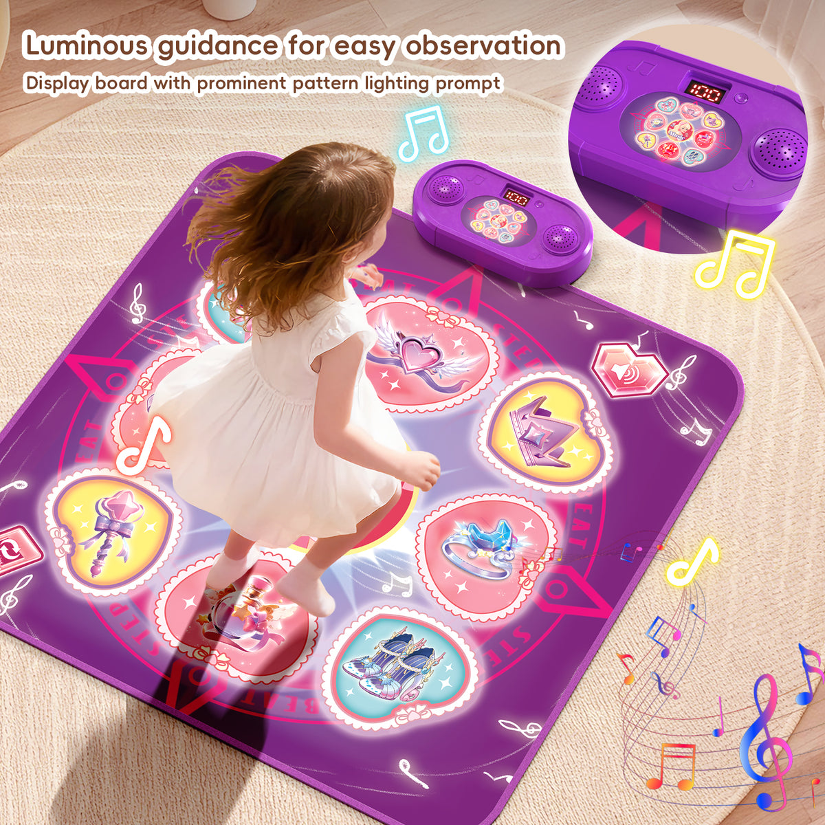 Girl playing on a purple princess dance mat toy while the control unit display board lights up the matching pattern for guidance
