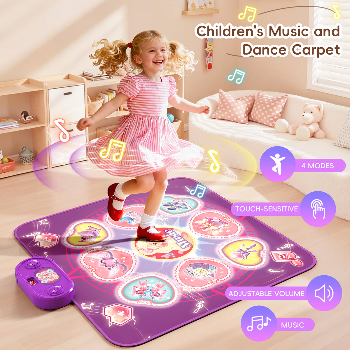 Girl in a pink dress dancing on a purple princess light up dance mat toy with touch sensitive glowing heart pads and adjustable volume