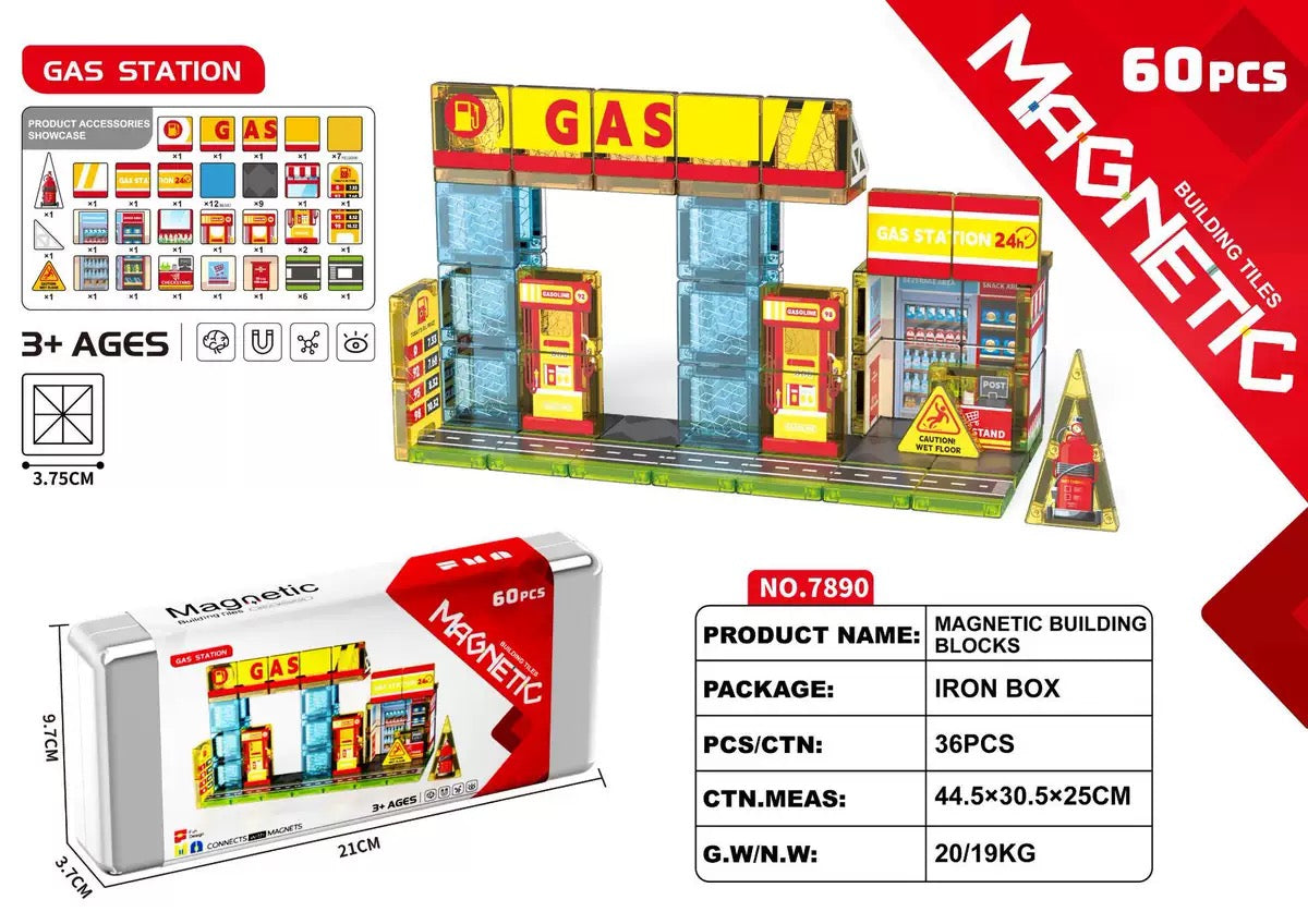 Mini stained glass magnetic tiles set HLT-7890 gas station theme, 60 pieces in an iron storage box, wholesale travel building toy