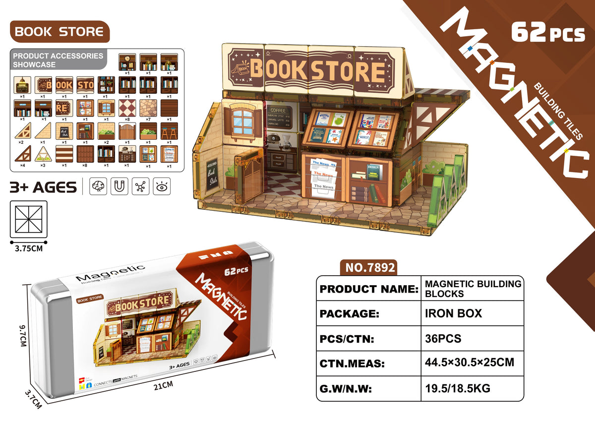 Mini stained glass magnetic tiles set HLT-7892 book store theme, 62 pieces in an iron storage box, wholesale travel building toy