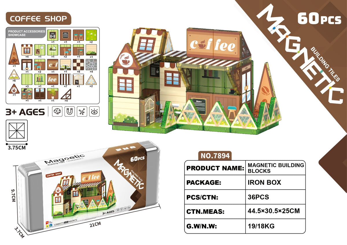 Mini stained glass magnetic tiles set HLT-7894 coffee shop theme, 60 pieces in an iron storage box, wholesale travel building toy
