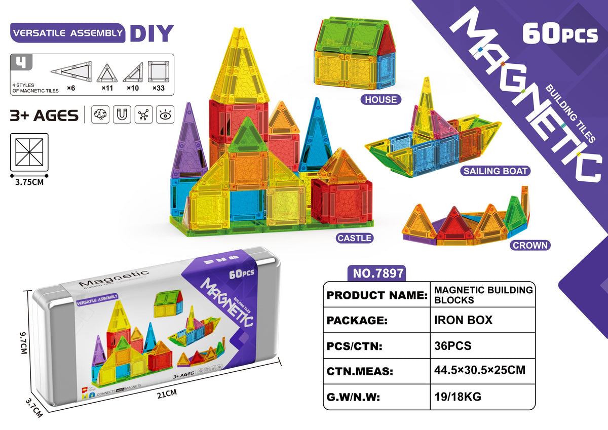 Mini stained glass magnetic tiles set HLT-7897 diy castle theme, 60 pieces in an iron storage box, wholesale travel building toy
