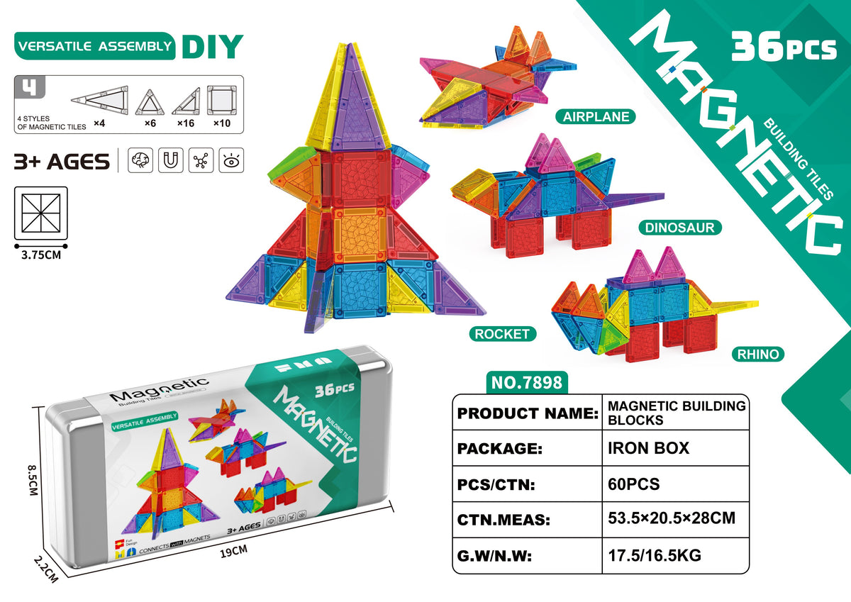Mini stained glass magnetic tiles set HLT-7898 diy rocket theme, 36 pieces in an iron storage box, wholesale travel building toy