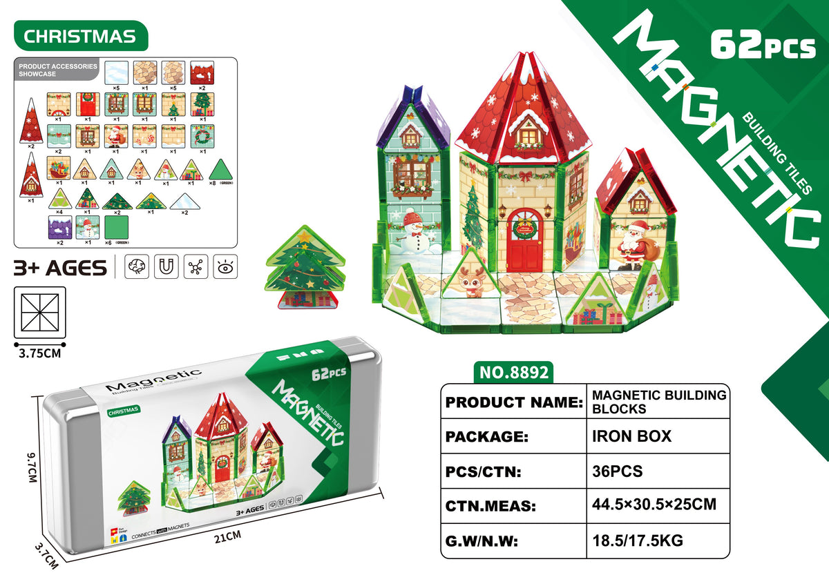 Mini stained glass magnetic tiles set HLT-8892 christmas theme, 62 pieces in an iron storage box, wholesale travel building toy