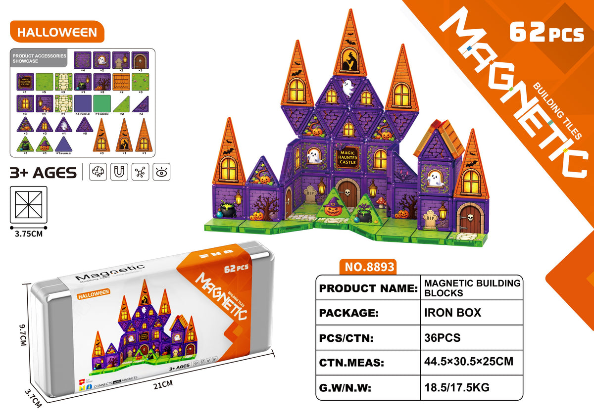 Mini stained glass magnetic tiles set HLT-8893 halloween theme, 62 pieces in an iron storage box, wholesale travel building toy