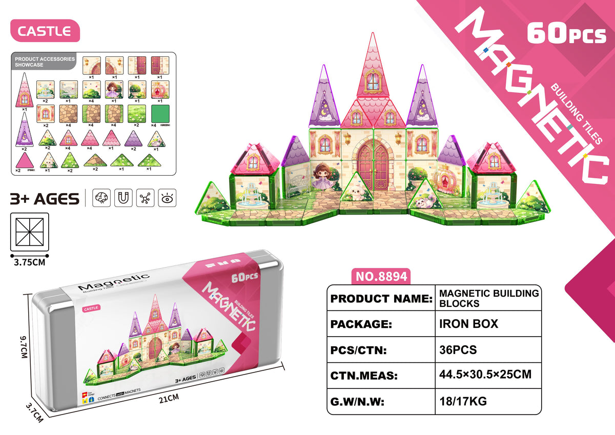 Mini stained glass magnetic tiles set HLT-8894 castle theme, 60 pieces in an iron storage box, wholesale travel building toy