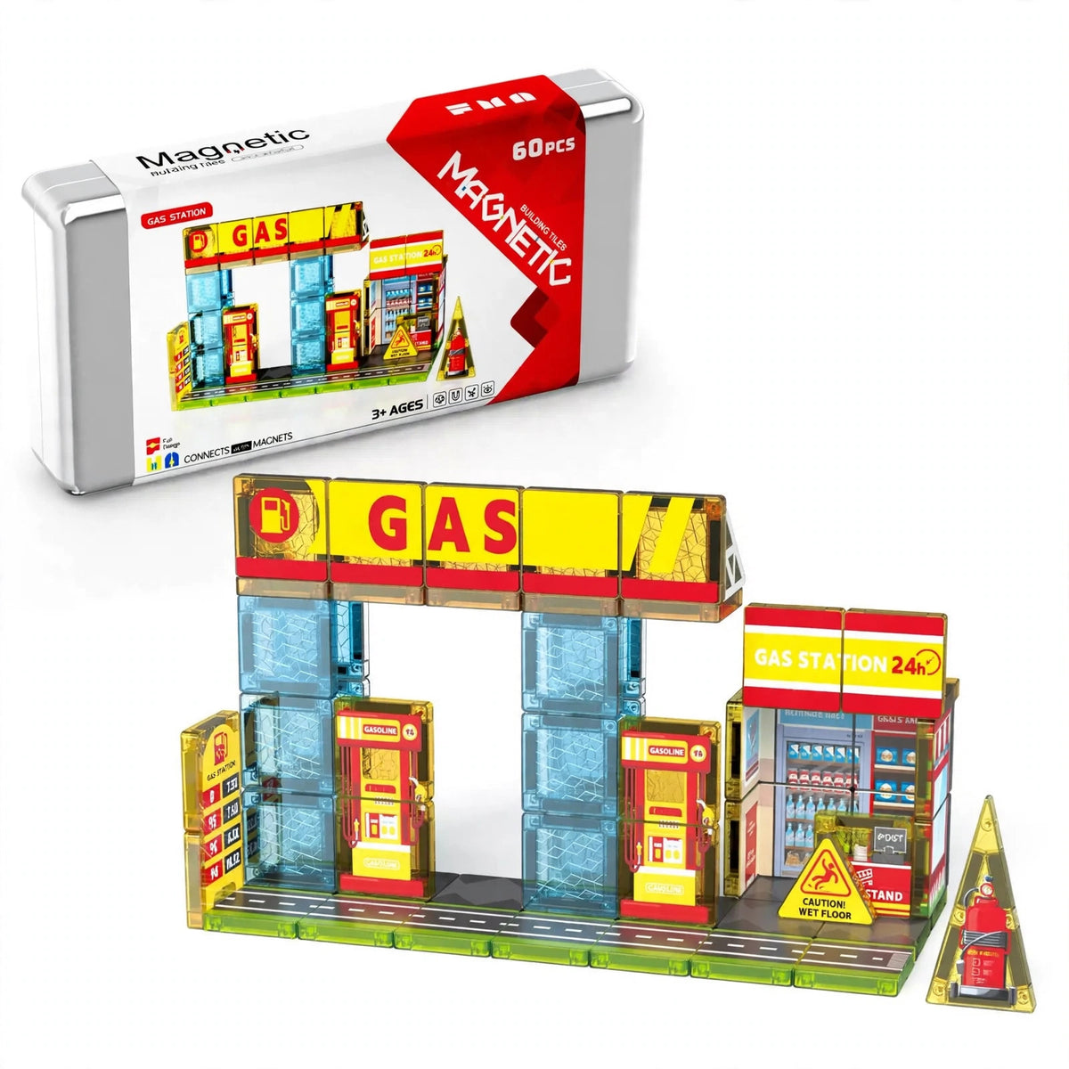 Mini stained glass magnetic tiles set HLT-7890 gas station theme with its iron storage box on a white background, wholesale travel building toy