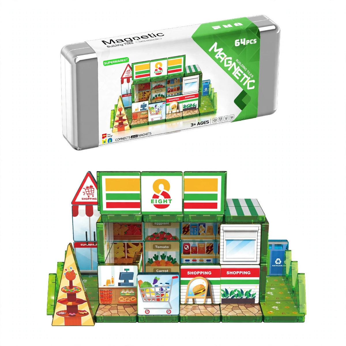 Mini stained glass magnetic tiles set HLT-7893 supermarket theme with its iron storage box on a white background, wholesale travel building toy