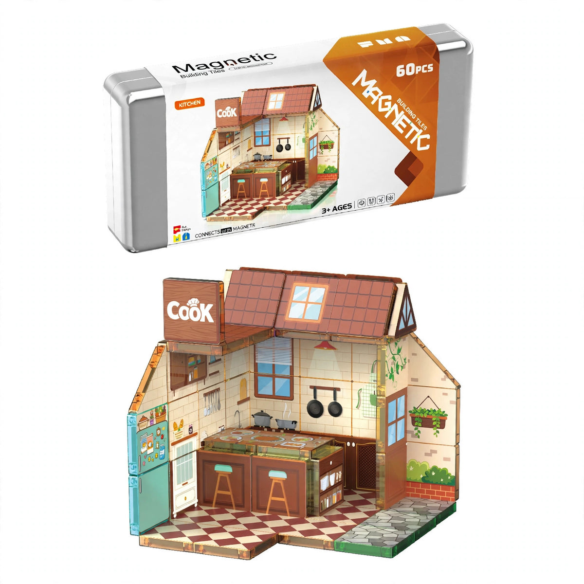 Mini stained glass magnetic tiles set HLT-7895 kitchen theme with its iron storage box on a white background, wholesale travel building toy