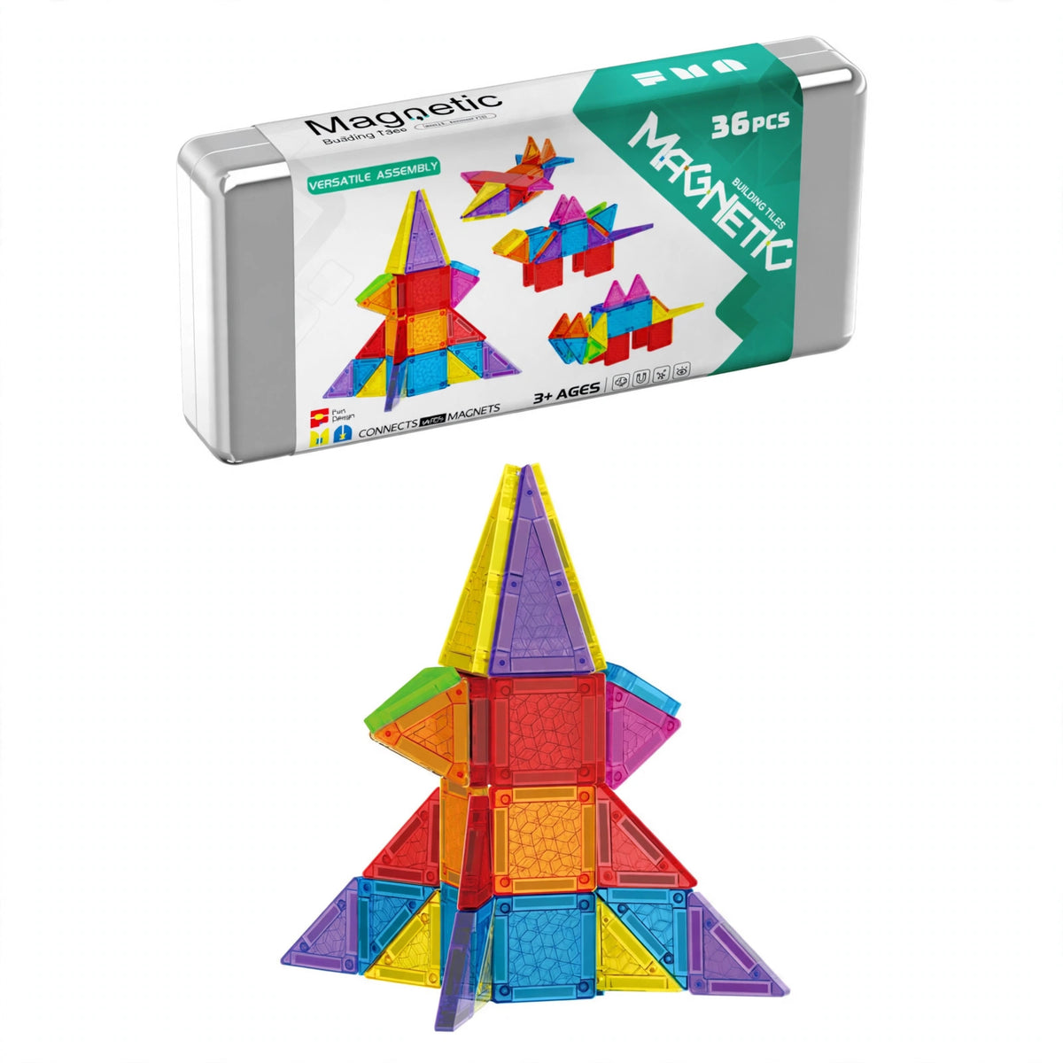 Mini stained glass magnetic tiles set HLT-7898 diy rocket theme with its iron storage box on a white background, wholesale travel building toy