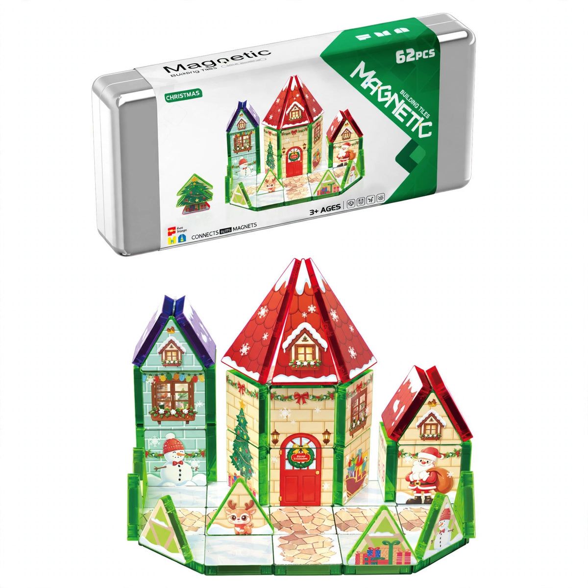Mini stained glass magnetic tiles set HLT-8892 christmas theme with its iron storage box on a white background, wholesale travel building toy
