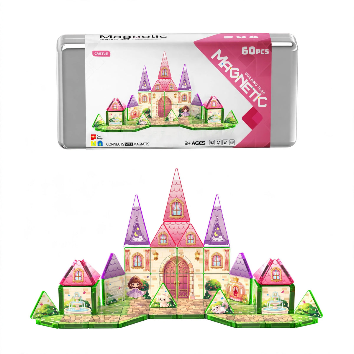 Mini stained glass magnetic tiles set HLT-8894 castle theme with its iron storage box on a white background, wholesale travel building toy