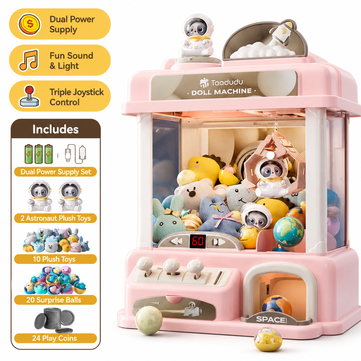 Pink space astronaut claw machine toy for kids with triple joystick control, dual power supply, plush toys, planet balls and play coins