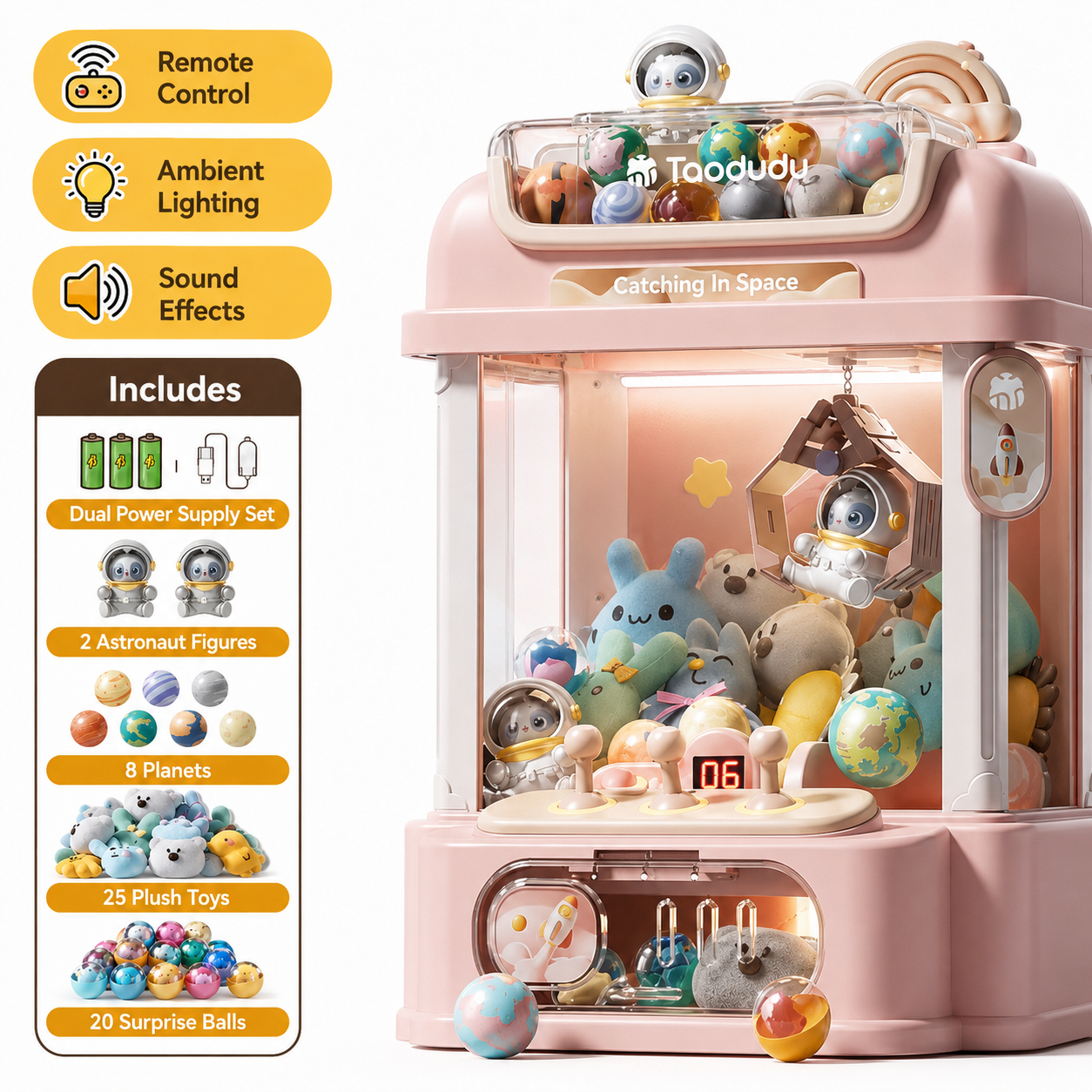 Pink space theme claw machine toy for kids with remote control, ambient lighting, sound effects and plush prizes