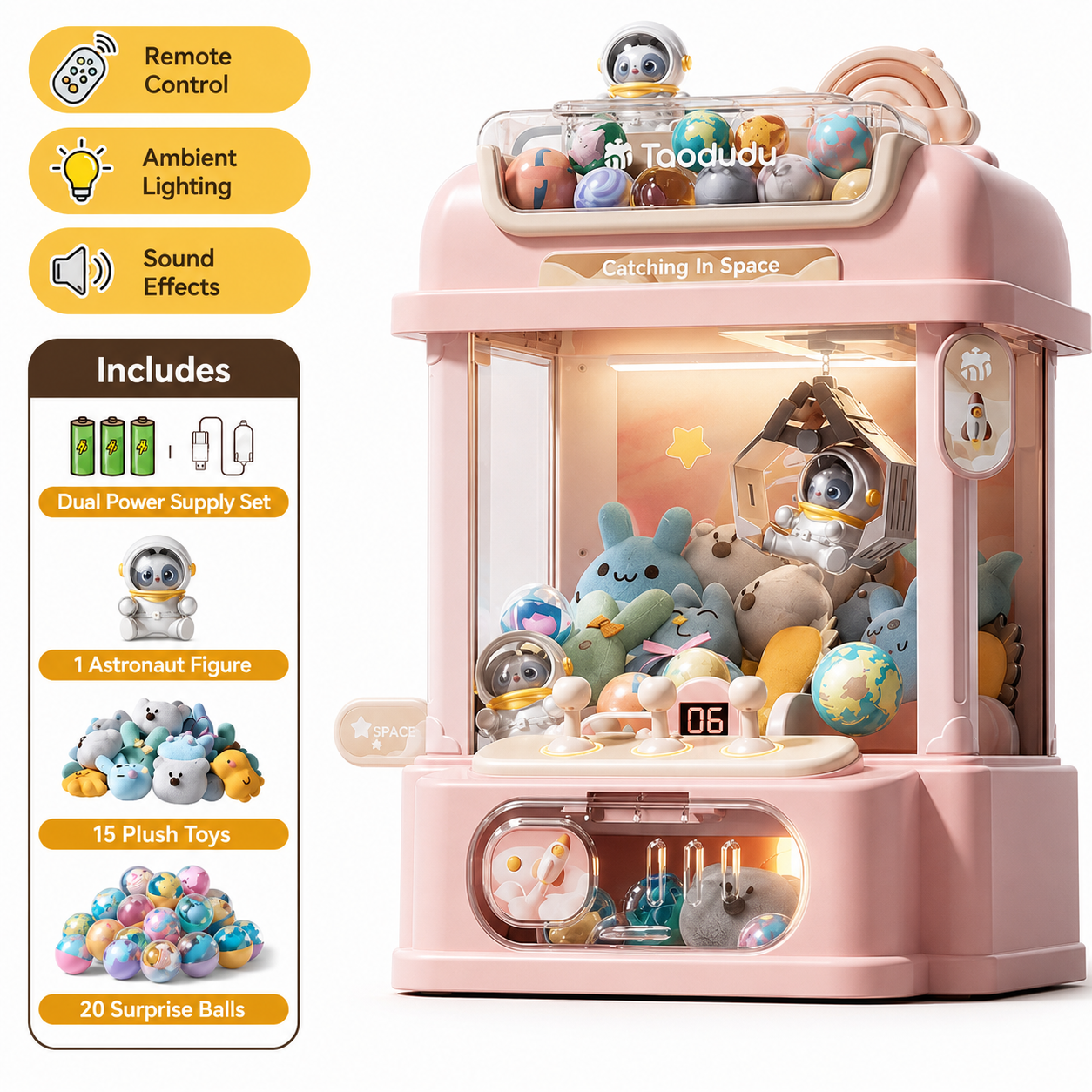 Pink space theme claw machine toy for kids with remote control, ambient lighting, sound effects and plush prizes