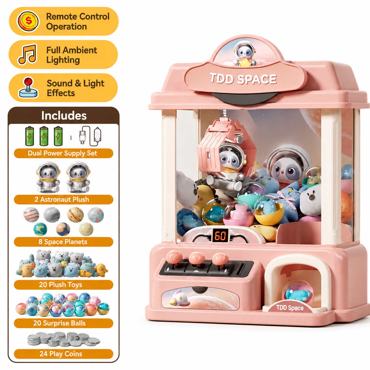 Pink space theme claw machine toy for kids with music lights plush dolls and surprise balls