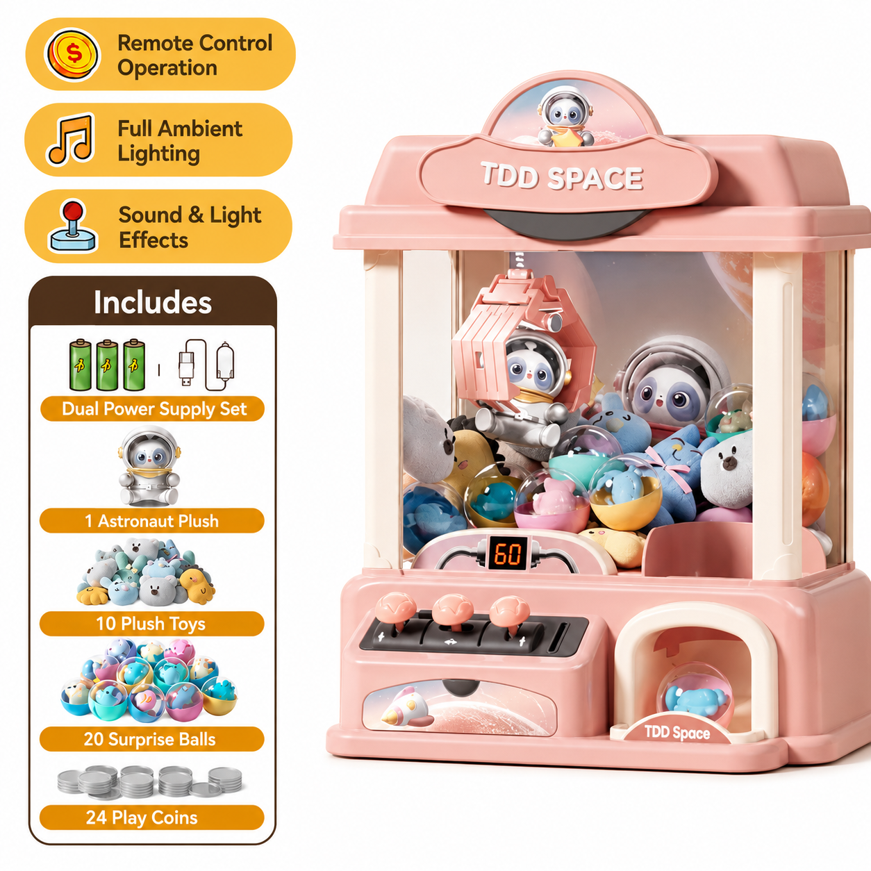 Pink space theme claw machine toy for kids with music lights plush dolls and surprise balls