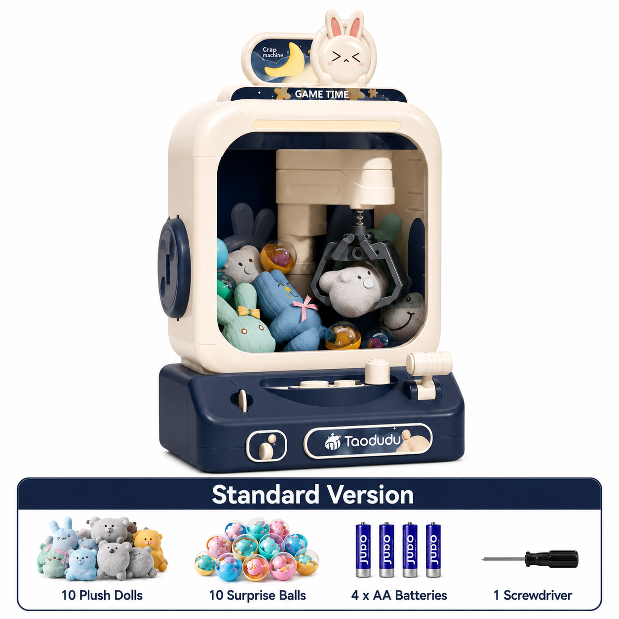 Rabbit theme claw machine toy for kids with joystick control lights sound effects and plush prize gameplay