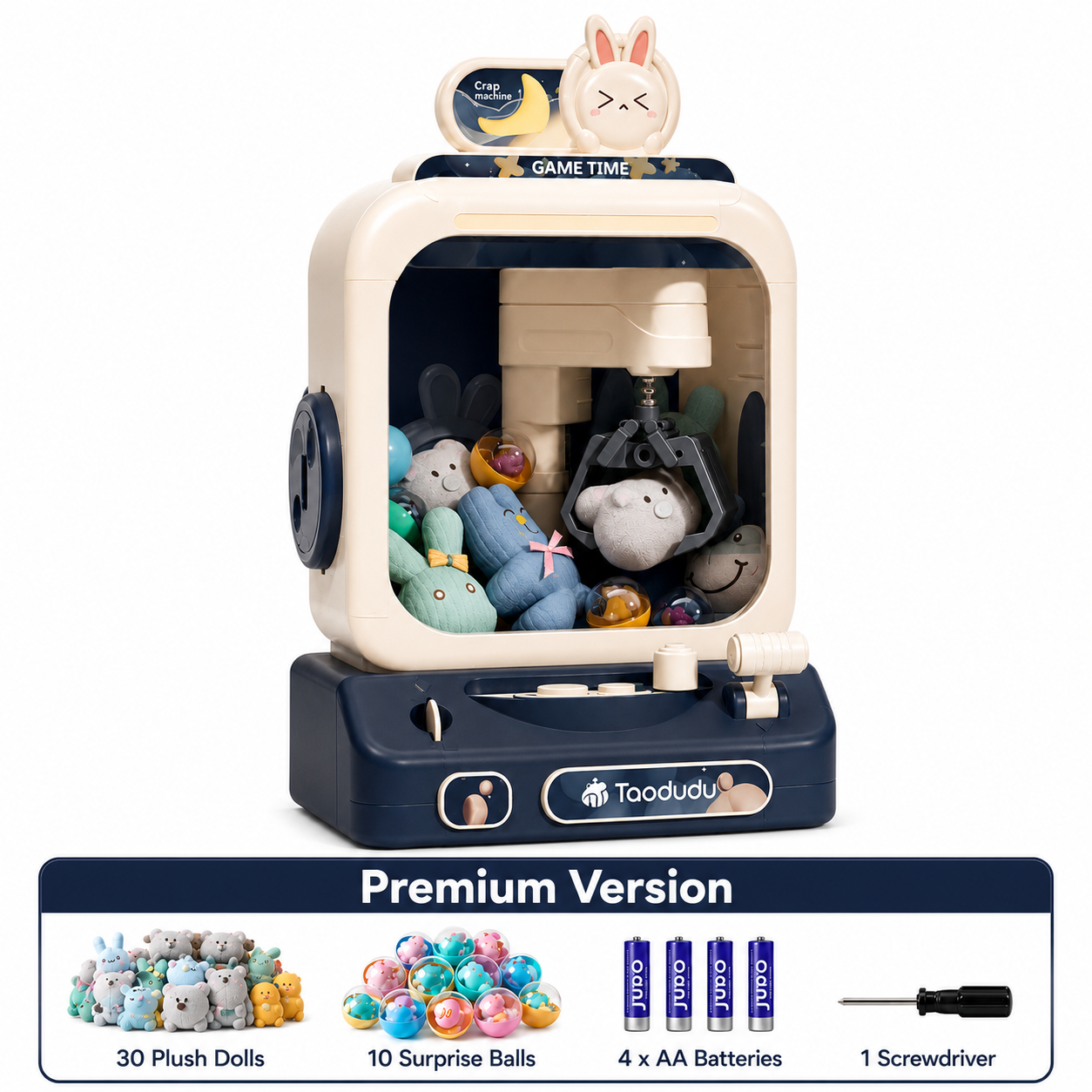 Rabbit theme claw machine toy for kids with joystick control lights sound effects and plush prize gameplay