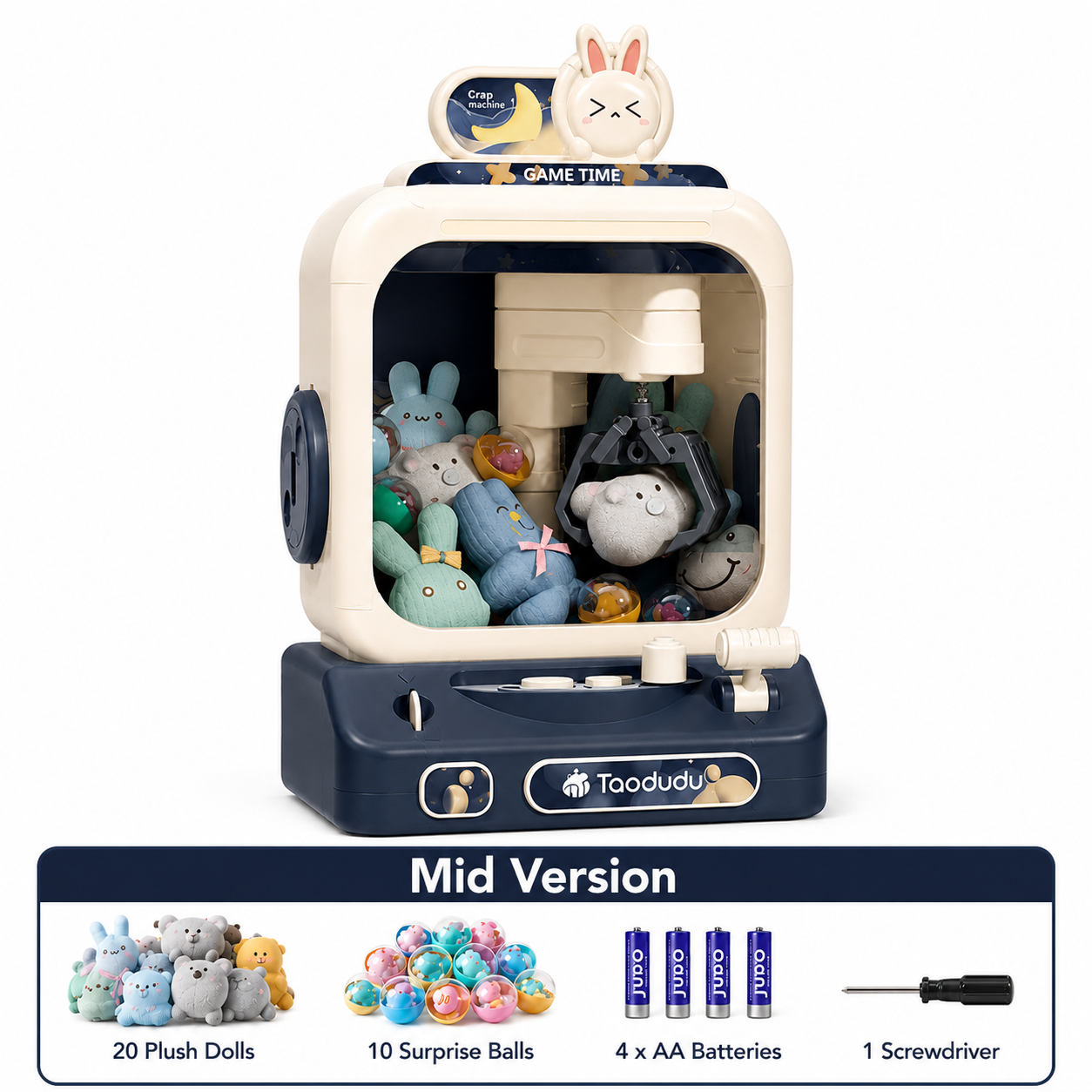 Rabbit theme claw machine toy for kids with joystick control lights sound effects and plush prize gameplay