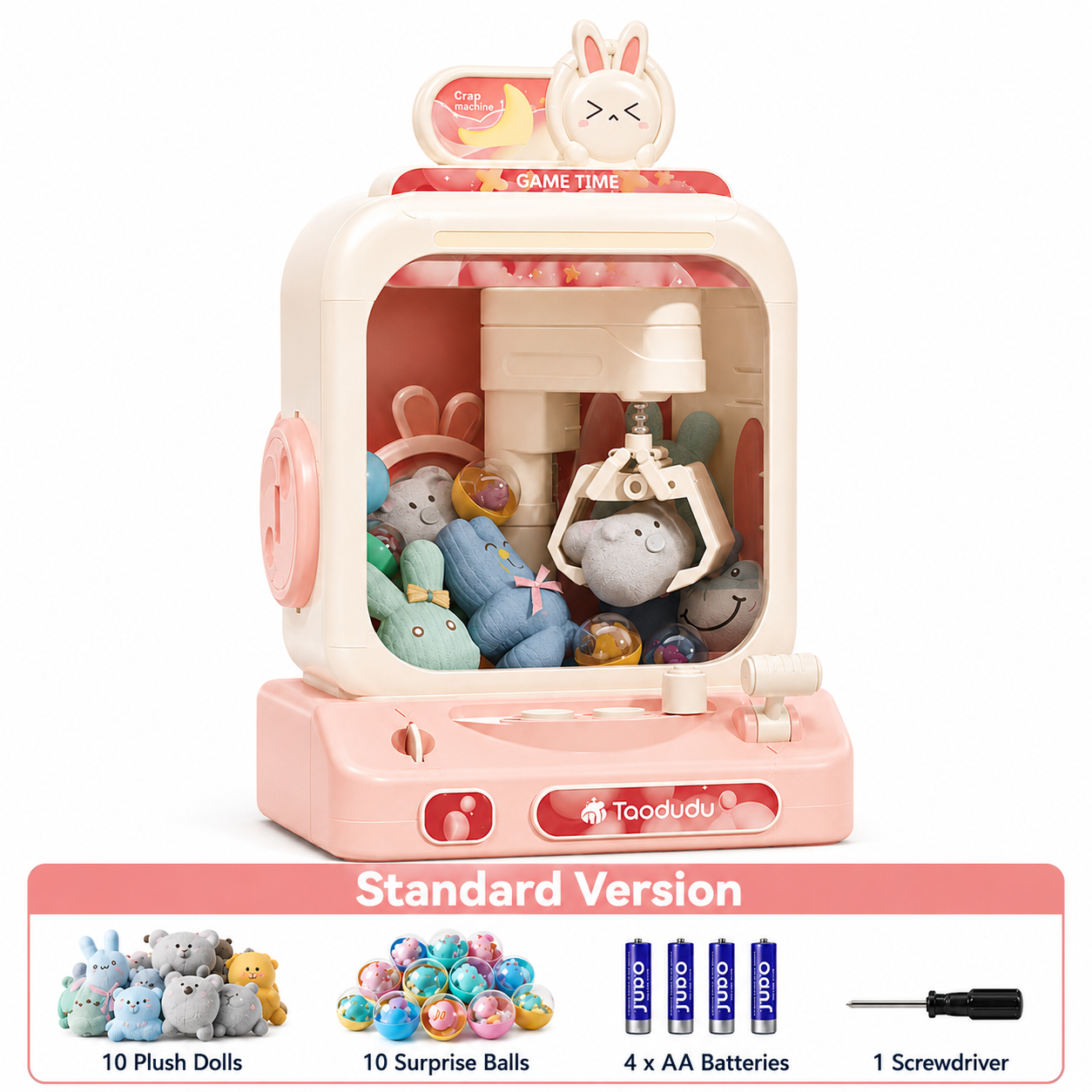 Rabbit theme claw machine toy for kids with joystick control lights sound effects and plush prize gameplay