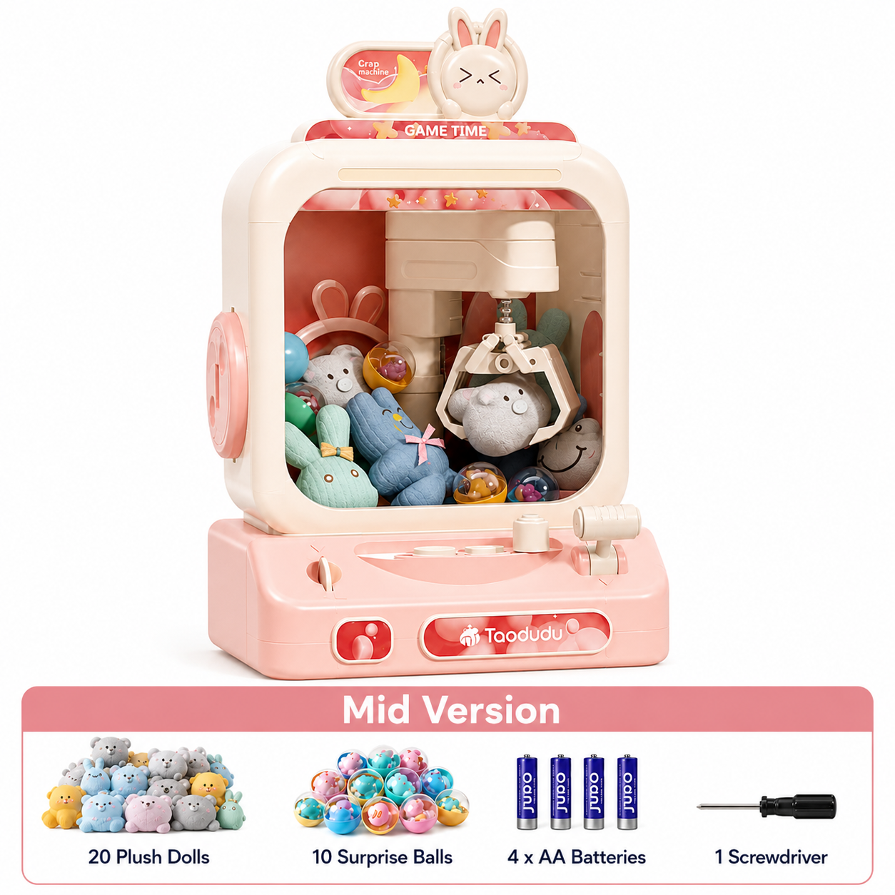 Rabbit theme claw machine toy for kids with joystick control lights sound effects and plush prize gameplay