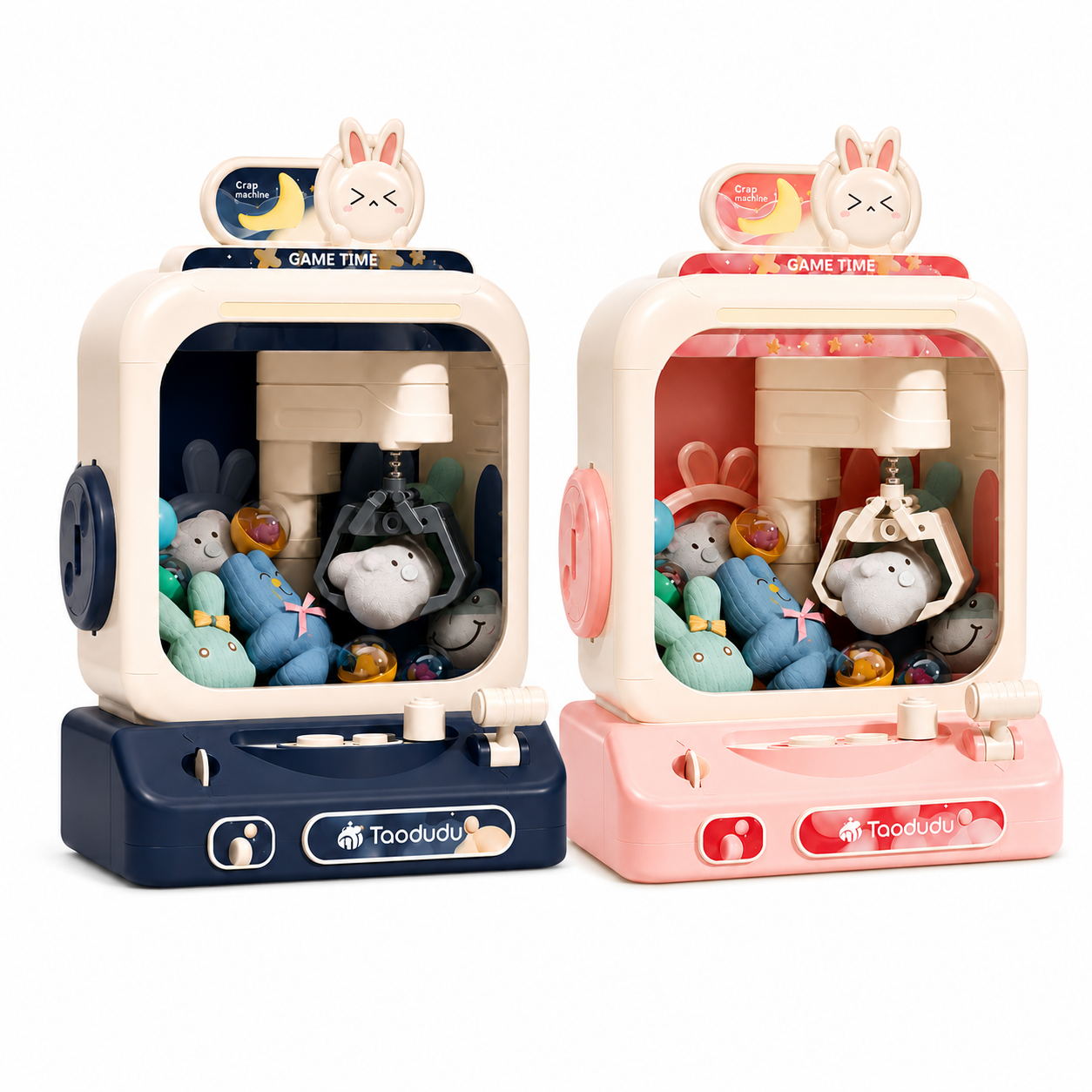 Rabbit theme claw machine toy for kids with joystick control lights sound effects and plush prize gameplay