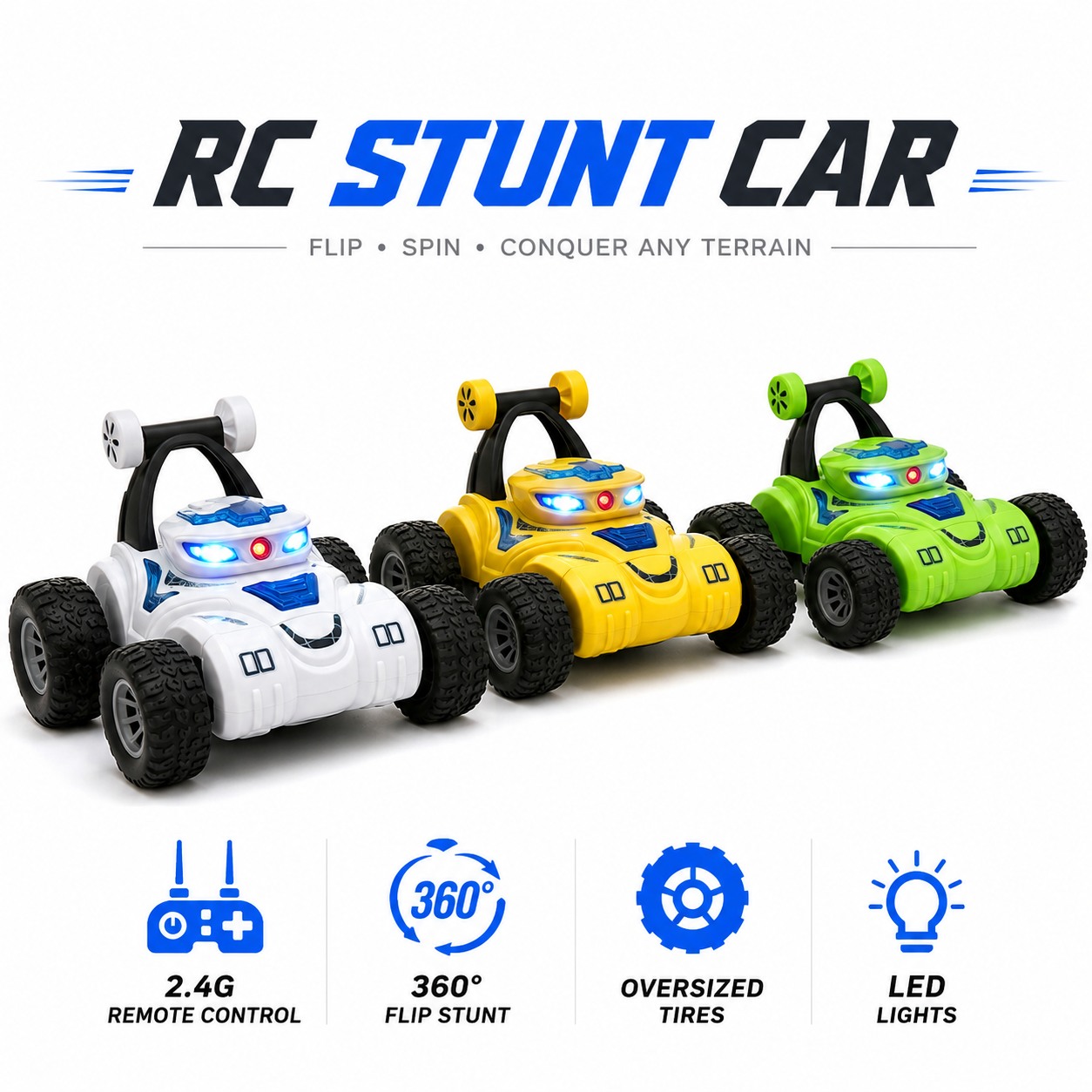 RC stunt car toy with 2.4G remote control 360 flip oversized tires and LED lights