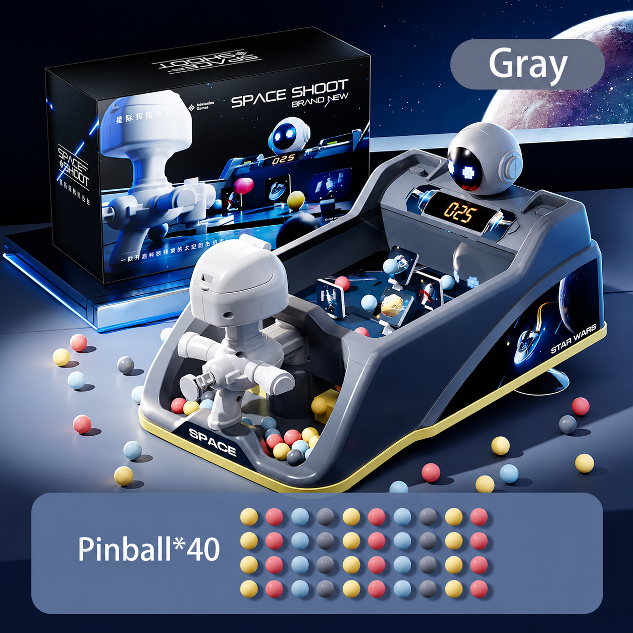 Remote control pinball shooting toy for kids with moving targets, scoring system, music and LED lights