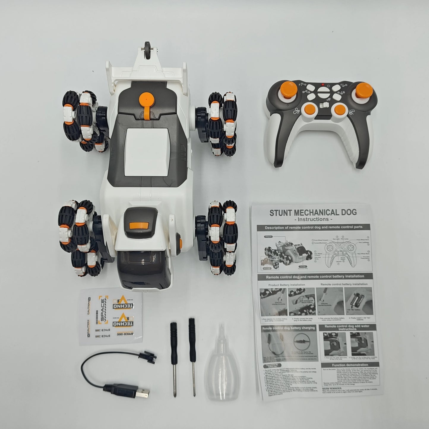 remote control smart robot dog toy accessories with controller, USB cable, water bottle, screwdriver and instruction manual