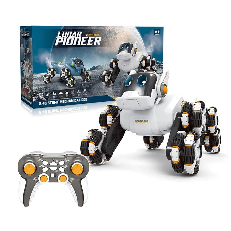 This electric remote-controlled smart robot dog kit includes a spray function, remote control, and accessories, perfect for children's exploration and entertainment.
