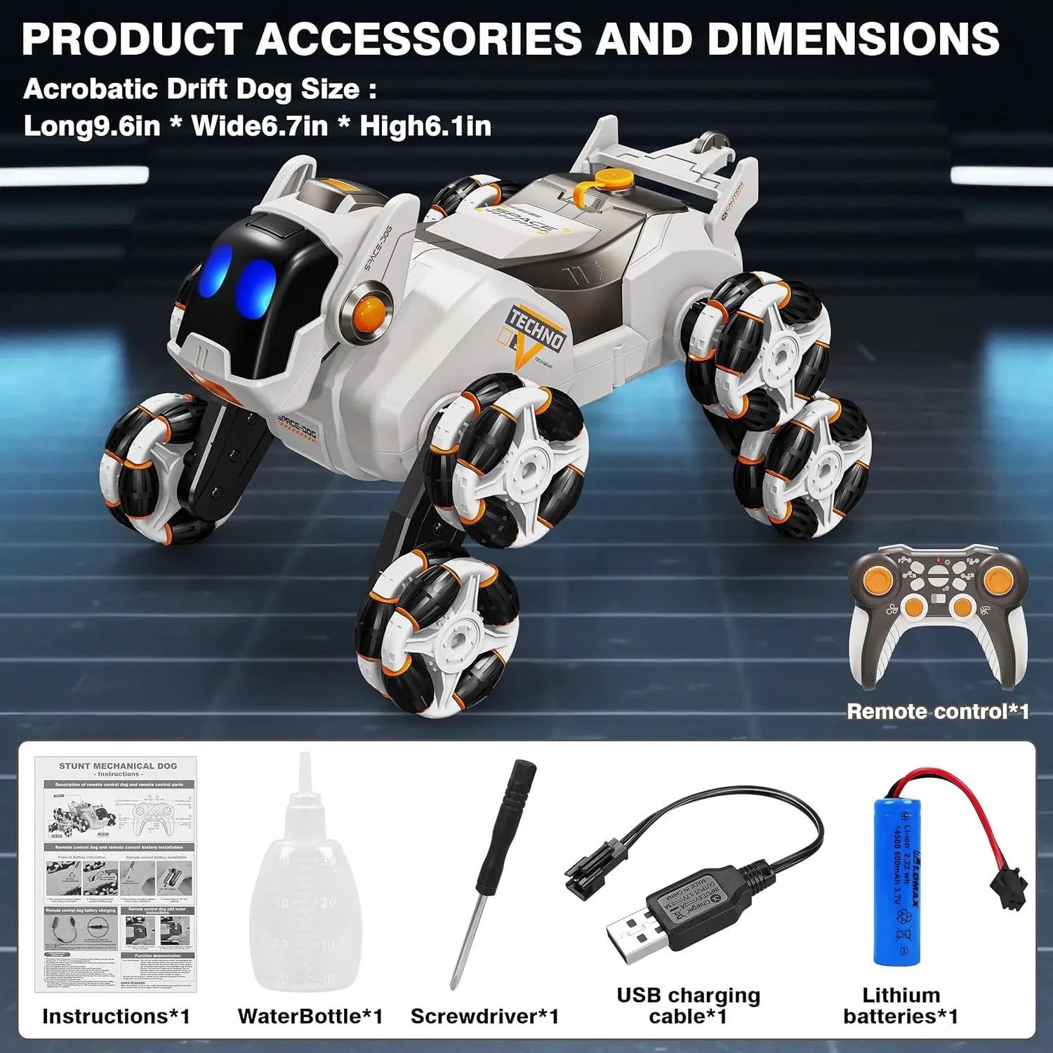 This electric remote-controlled smart robot dog kit includes a spray function, remote control, and accessories, perfect for children's exploration and entertainment.