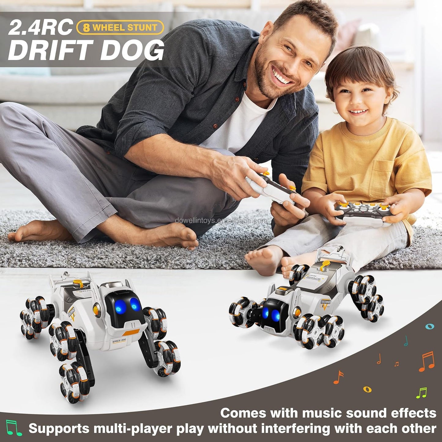 This electric remote-controlled smart robot dog kit includes a spray function, remote control, and accessories, perfect for children's exploration and entertainment.