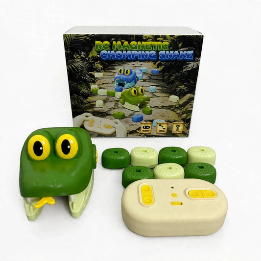 Green remote control snake toy front view with retail box, magnetic segments and remote control