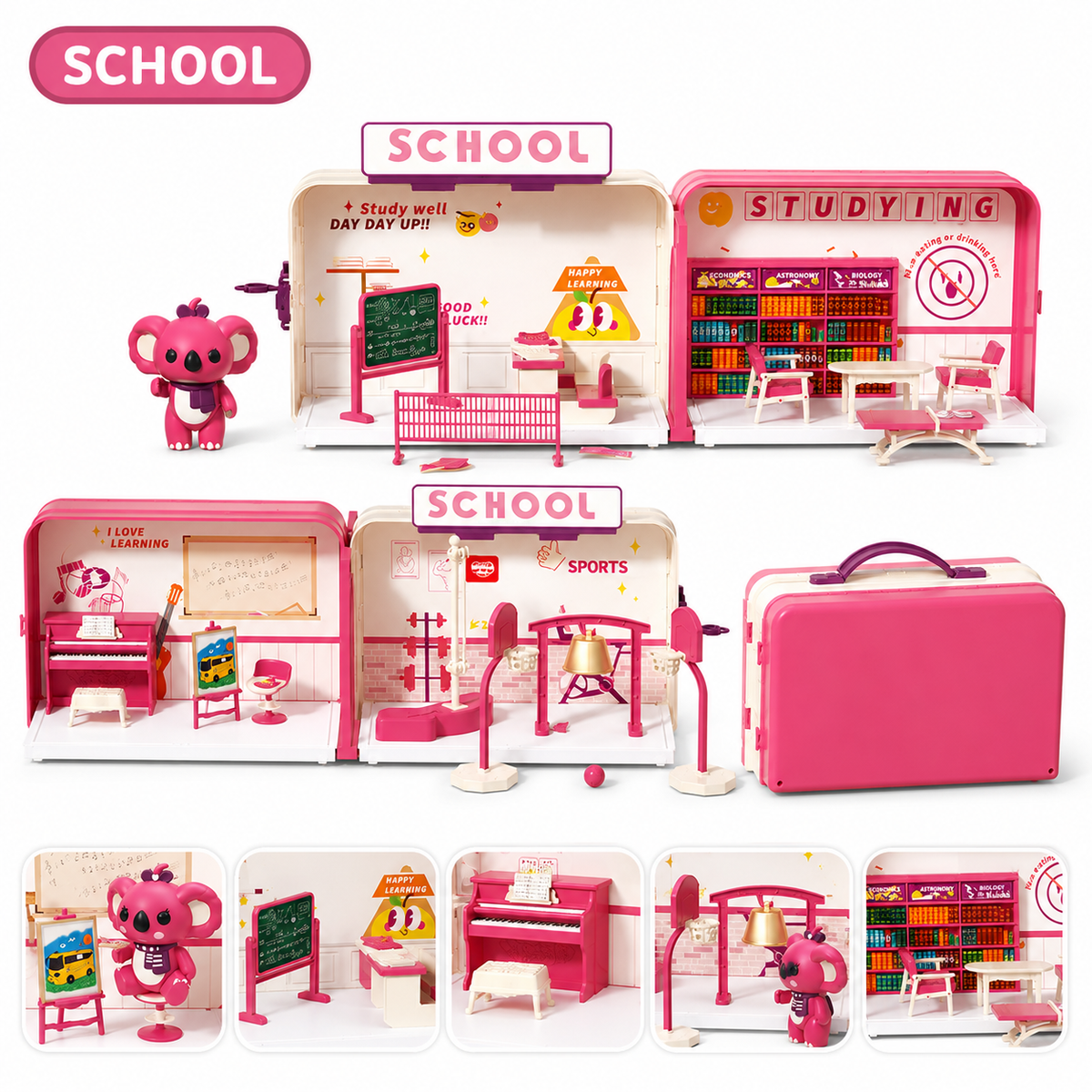 School suitcase dollhouse toy set for kids with classroom scene and pretend play accessories