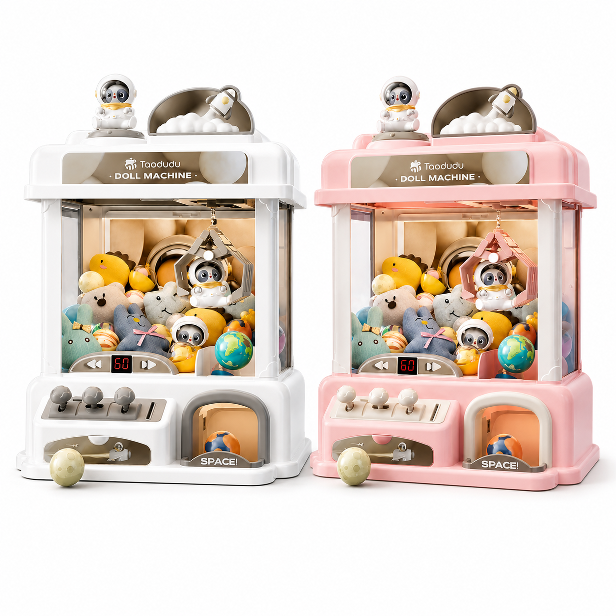 space astronaut claw machine toy for kids with triple joystick control, sound lights, astronaut plush toys, planet balls and surprise balls