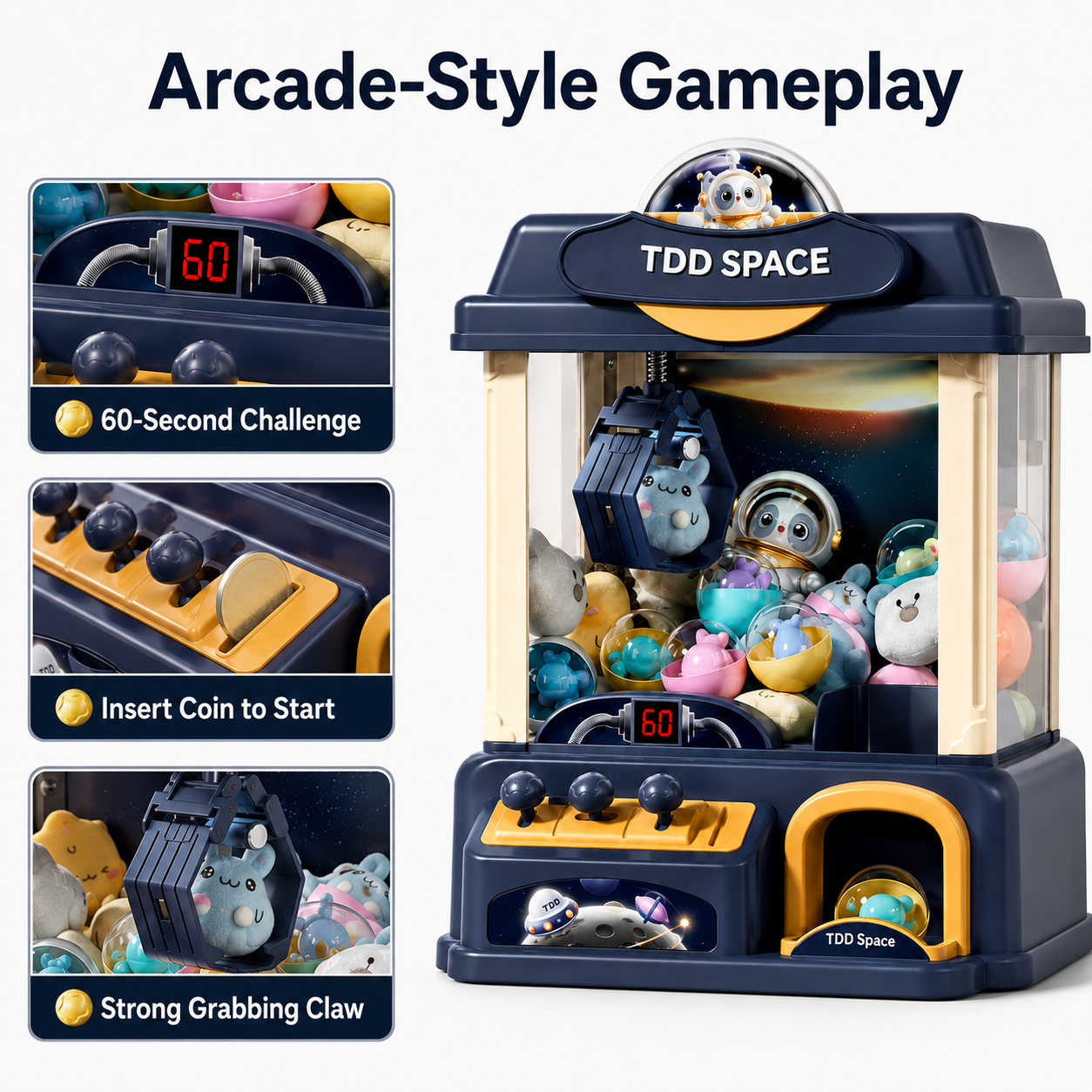 Space theme claw machine toy for kids with 3-joystick control music ambient lights and plush prizes