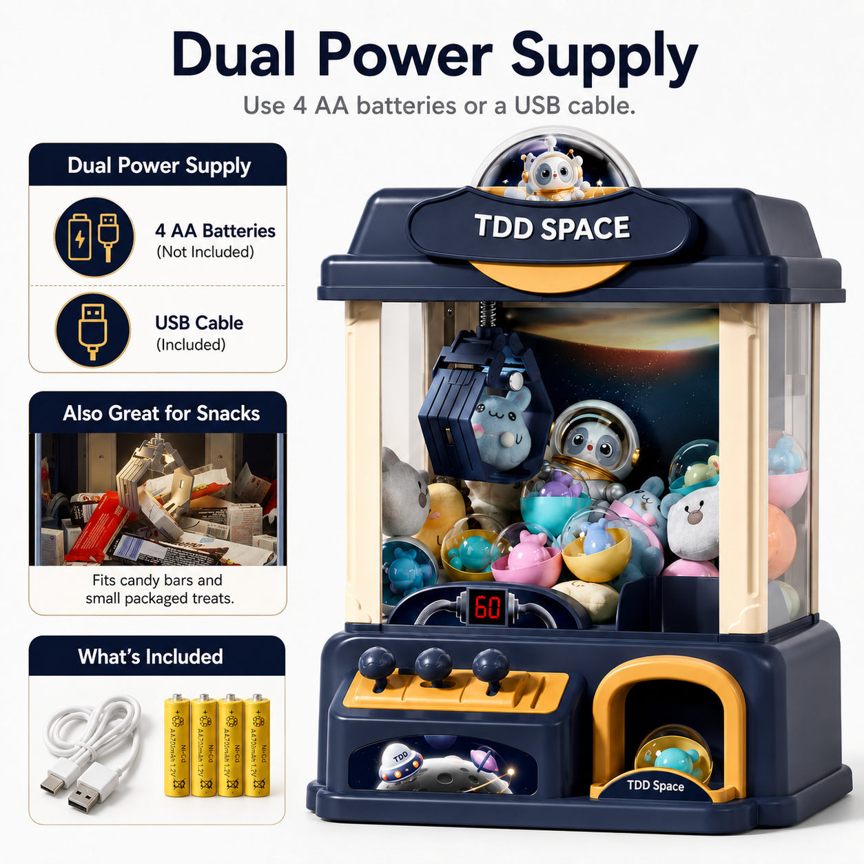 Kids space claw machine toy with dual power supply battery and USB power options