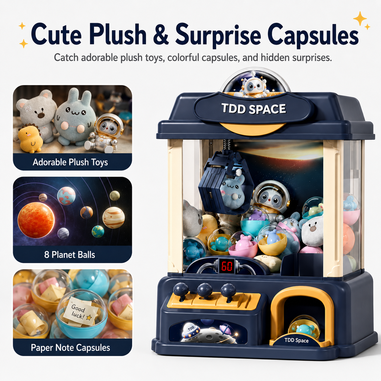 Space claw machine toy with plush prize toys for kids arcade play