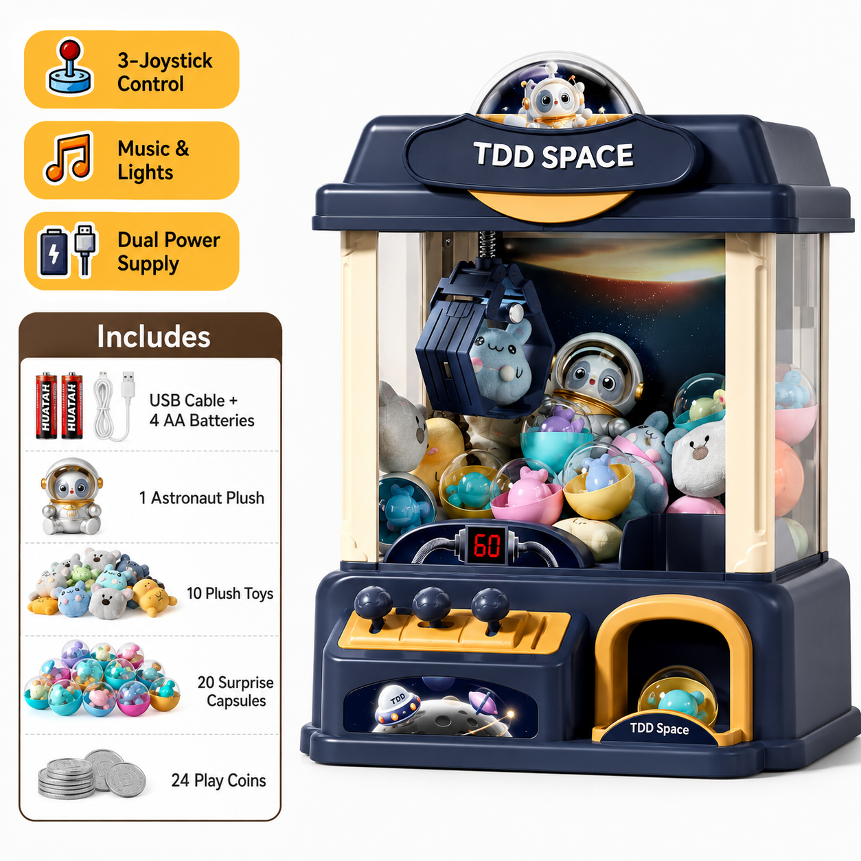 Space claw machine toy accessories set with plush dolls astronaut figures surprise balls and play coins
